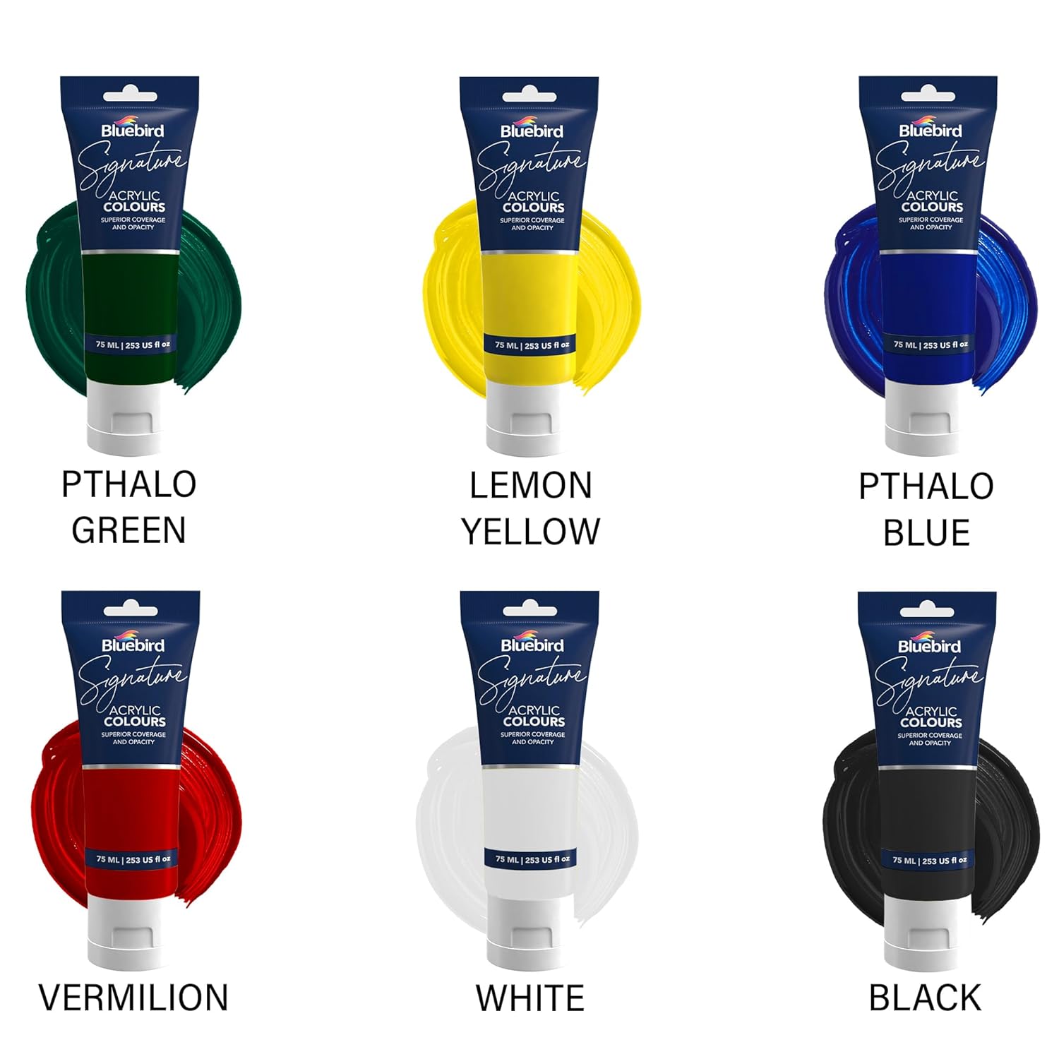 BLUEBIRD Signature Acrylic Paint Set, Primary Colors, 6-Pack 2.5 Fl Oz Each, Professional Acrylic Paints For Professionals, Adults, & Artists