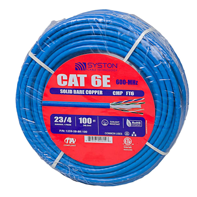 Cat 6E Ethernet Network Cable -Blue 100Ft, 600Mhz 23Awg Solid Bare Copper Wire