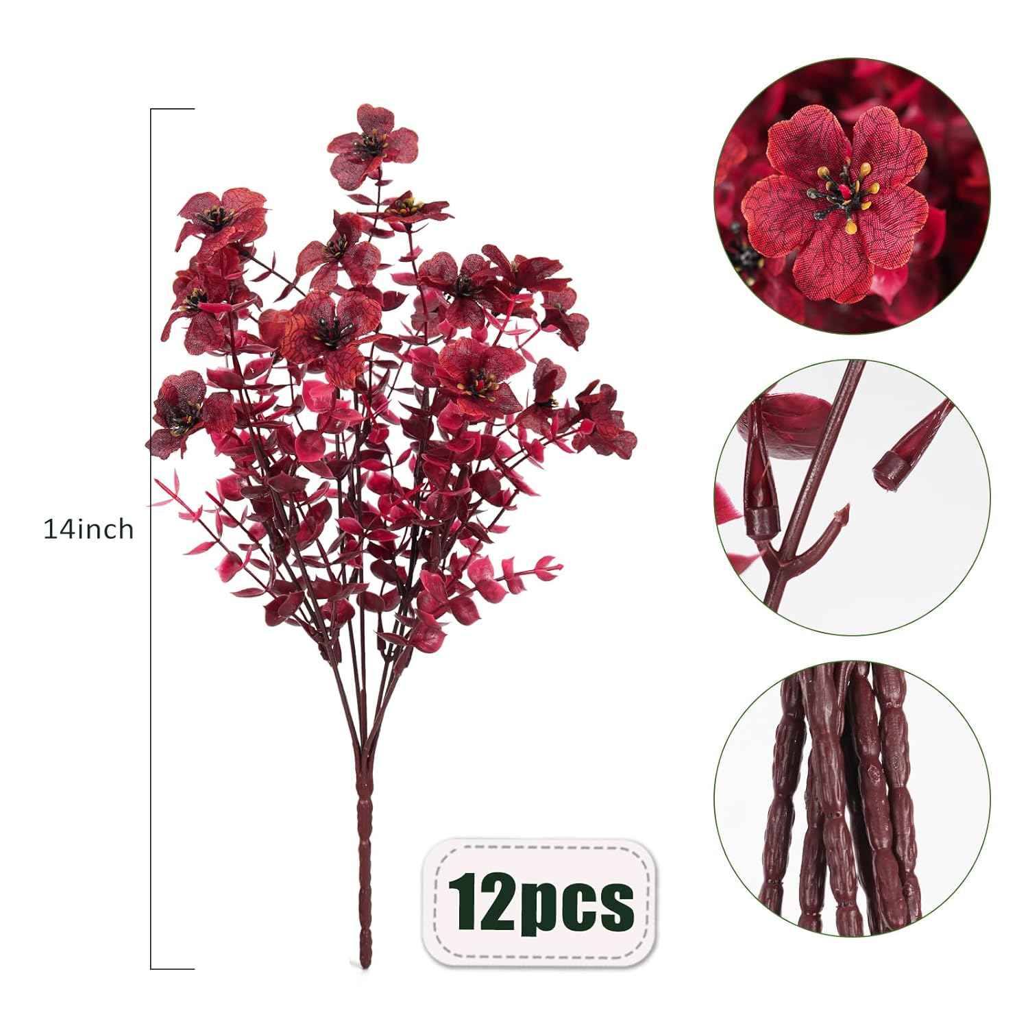 Realistic Artificial Plants Artificial Mums Fall Flowers Fake Fall Plant Uv Resistant Fake Flowers Realistic Eucalyptus Leaves Silk Mums Faux Autumn Plant For Thanksgiving Home Decor(Wine Red)