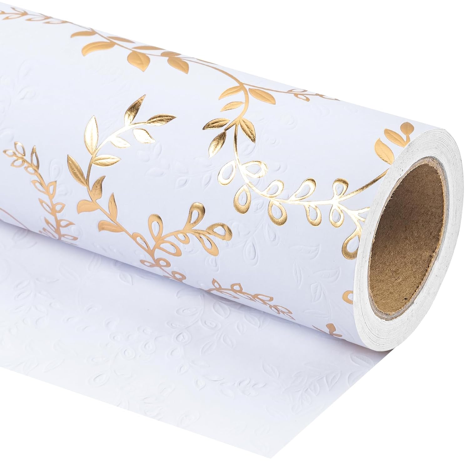 3D Kraft Wrapping Paper Roll - Mini Roll - 17 Inch X 16.5 Feet - Gold And White Leaves Design With Embossed Perfect For Birthday, Holiday, Wedding, Baby Shower