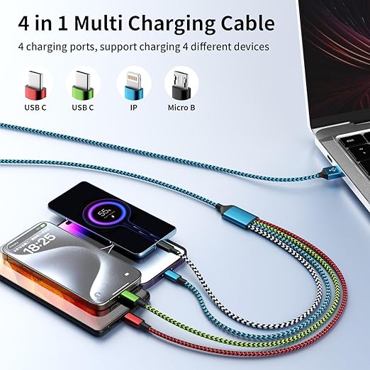 2 Pack 5FT 4 in 1 Multi Charging Cable USB C Lightning Micro USB for iPhone Android