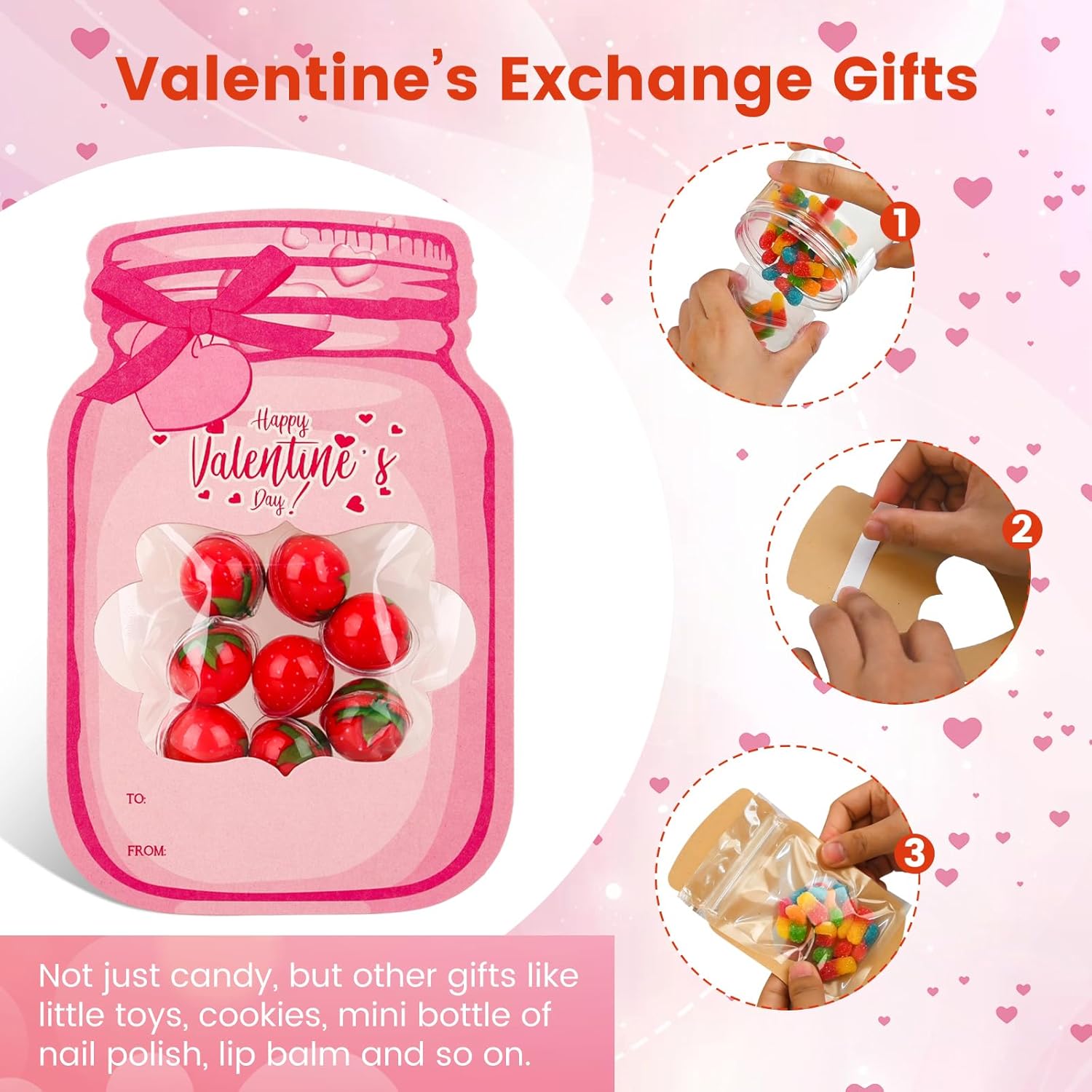 Valentines Day Cards For Kids Classroom – 50 Pack Candy Jar Colorful Valentine Cards With Treat Bags, Cute Kids Exchange Cards For School Activities & Parties (Candy Not Included)