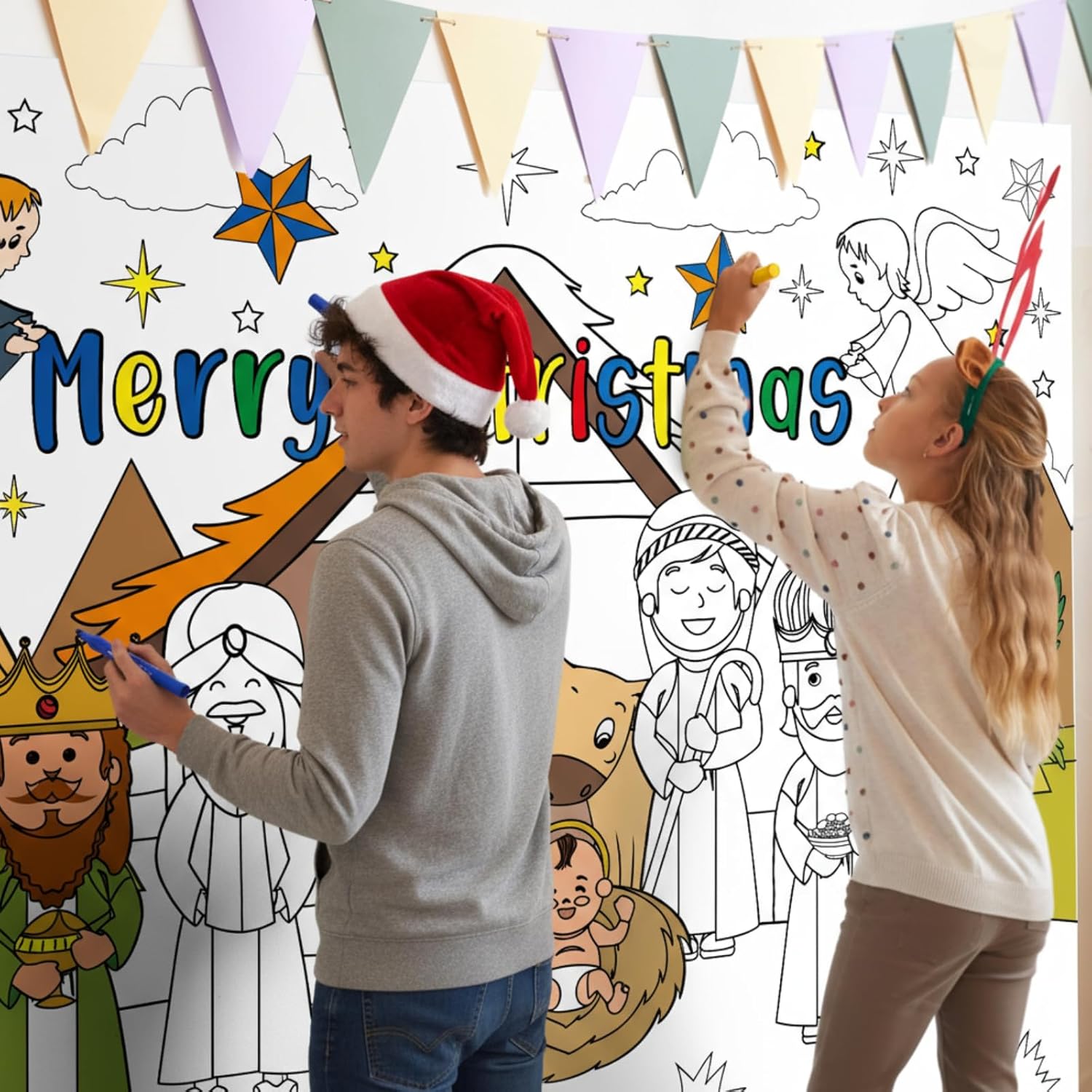 2 Pcs Christmas Coloring Posters - Jesus O Holy Night Giant Pages With 24 Color Pens - 31.4 X 43.3 Inch Xmas Huge Table Cover For Home Classroom Party Supplies Favor