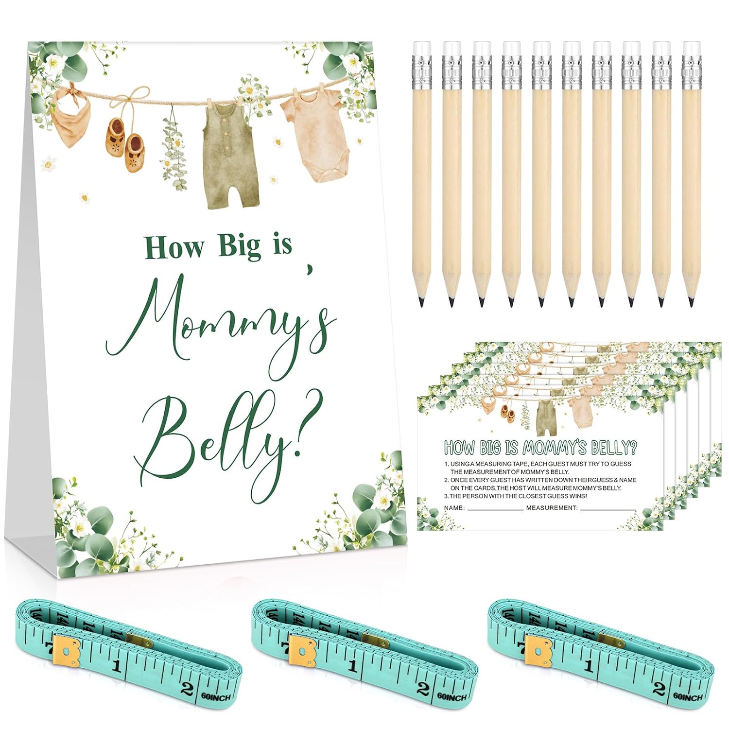 64 Pcs Sage Green Baby Shower Games Include How Big Is Mommy'S Belly Sign Measure Bump Game 50 Guessing Cards 10 Pencils 3 Measuring Tapes For Baby Shower Gender Reveal Party Supplies