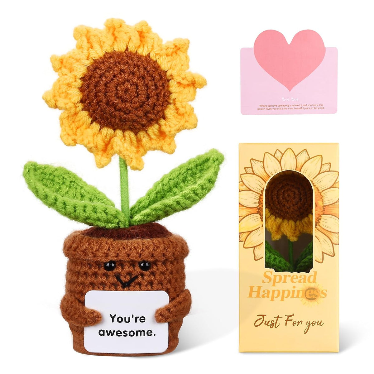 1Pcs Knitted Flowers Sunflower Gifts For Women Handmade Knitted Planters With Card Crochet Gifts Birthday Gifts For Women Mom Family Friend Teacher Coworker Xmas Party?You Are Awesome?