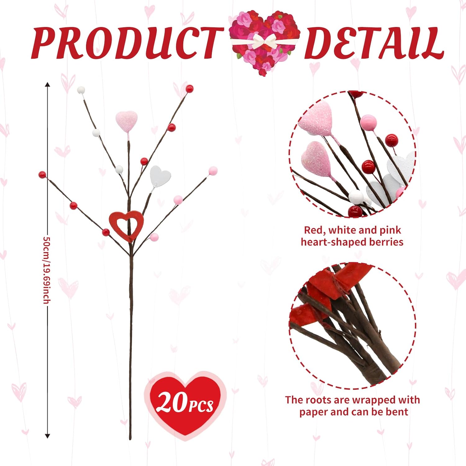 Valentine'S Day Decor, 20 Pack Heart Berry Stems Valentines Day Decorations For Tree, Artificial Flowers Valentine Picks For Wreath, Valentine'S Day Gifts, Valentines House Decorations