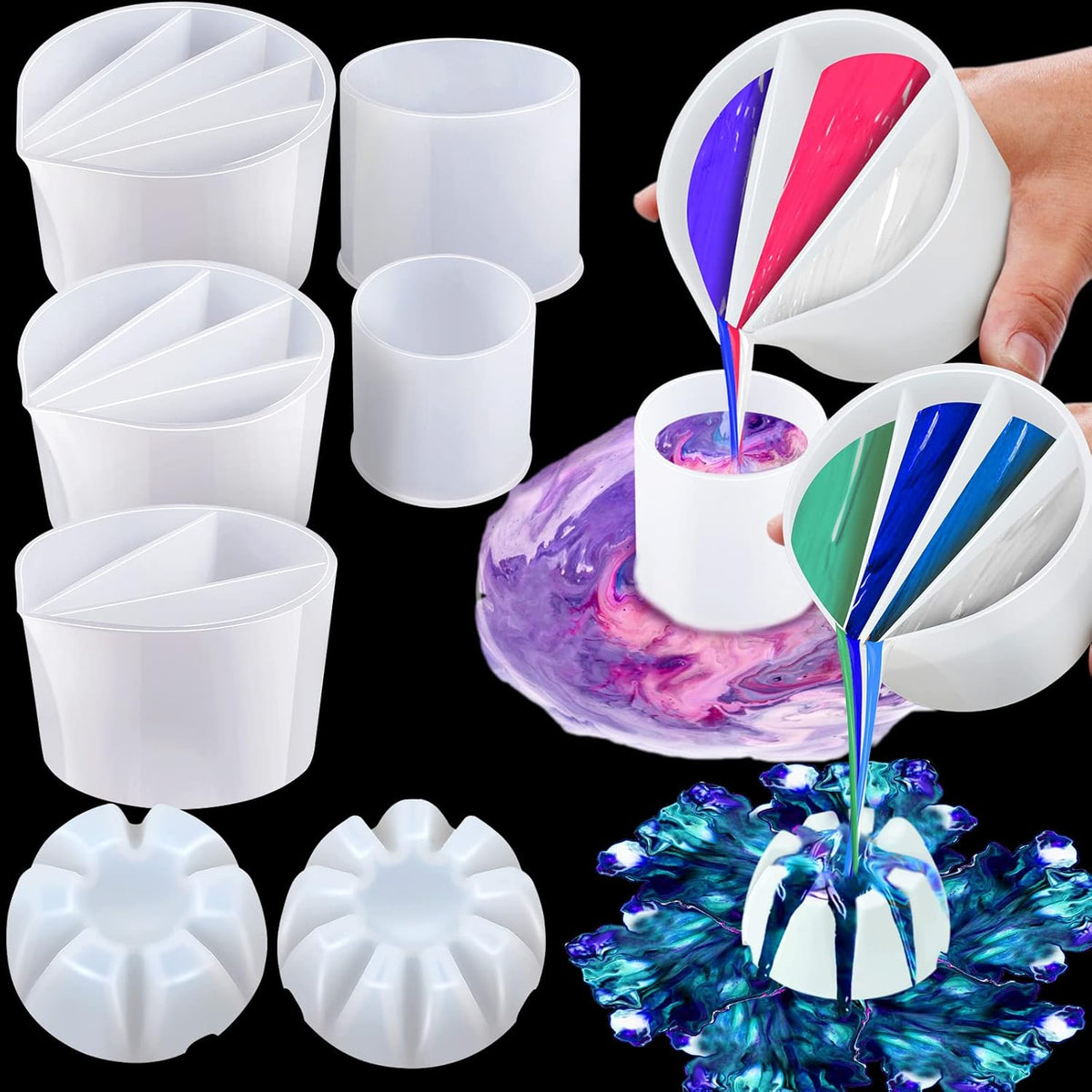 7 Pcs Paint Pouring Supplies Multi Channel Split Cups For Paint Pouring Acrylic Flower Open Tool Supplies For Fluid Art Diy Making Resin Acrylic Drawing Accessories, White