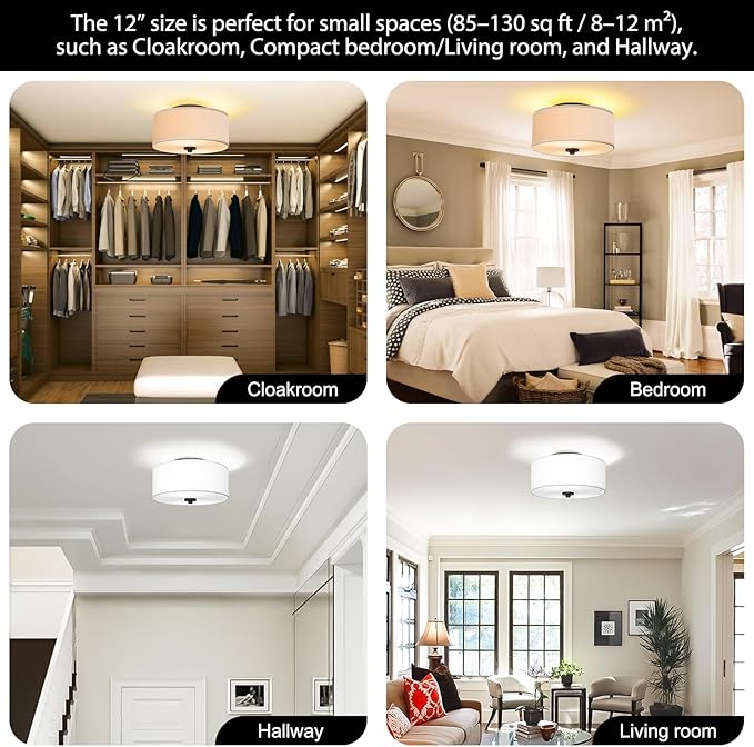12 Inch Modern Flush Mount Ceiling Light White Fabric Drum Shade 2 Light Fixture