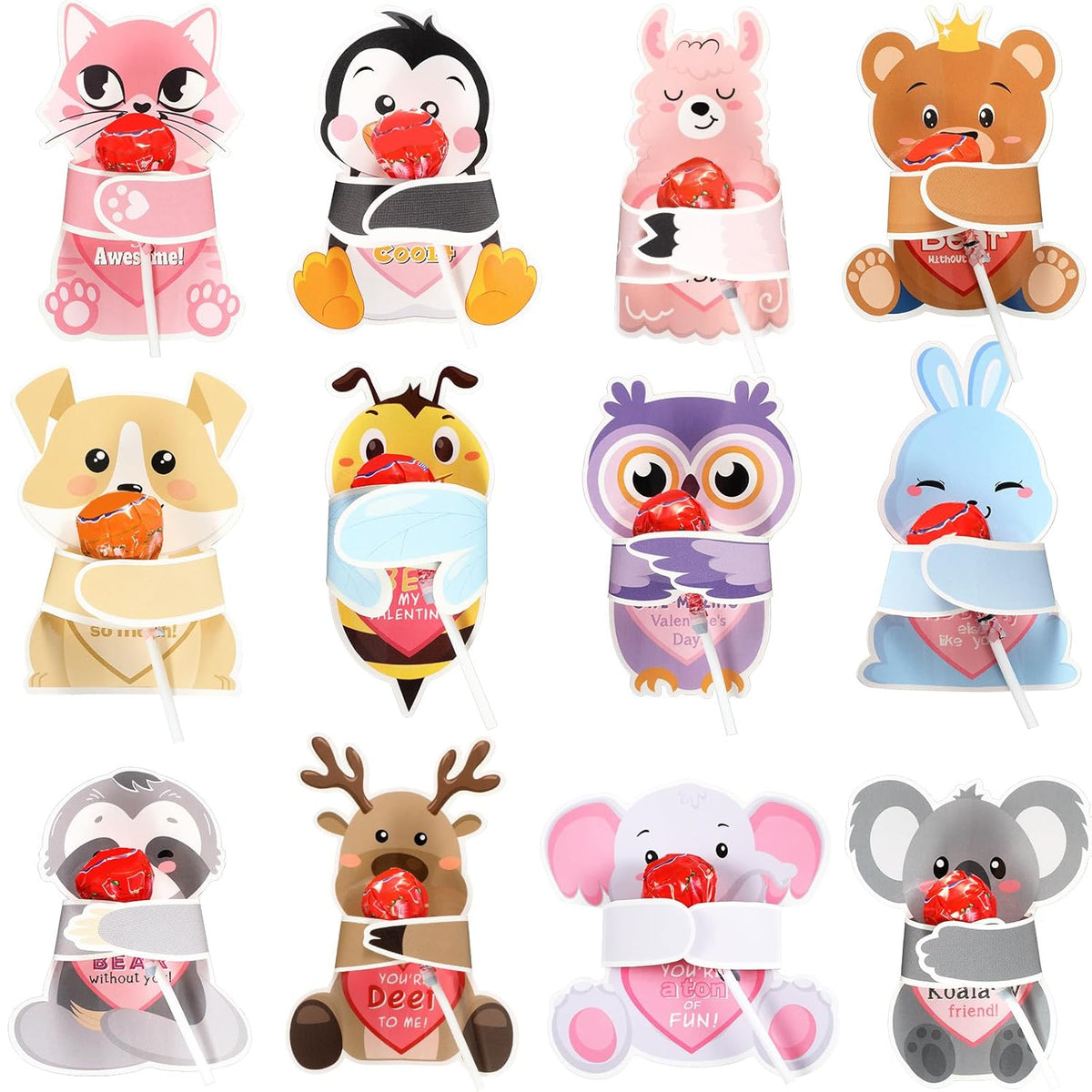 48 Pieces Valentine‘S Day Cards With Animal Designs Kids Gifts Valentine Greeting Cards Lollipop Holder Koala Dog Candy Valentine School Class Exchange Party Favors