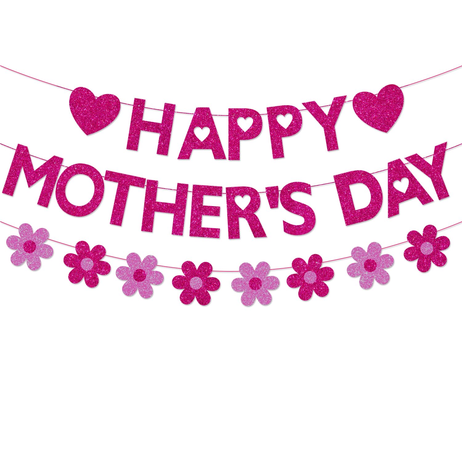 Mother's Day Decorations Banner - Happy Mothers Day Decor Sign with 3D Flower Garland Glitter, Pre-strung Hanging Bunting Banner for Mom Party Supplies, Home Wall Mantle Decor, Best Mom Ever Photo Backdrop, Rose Red