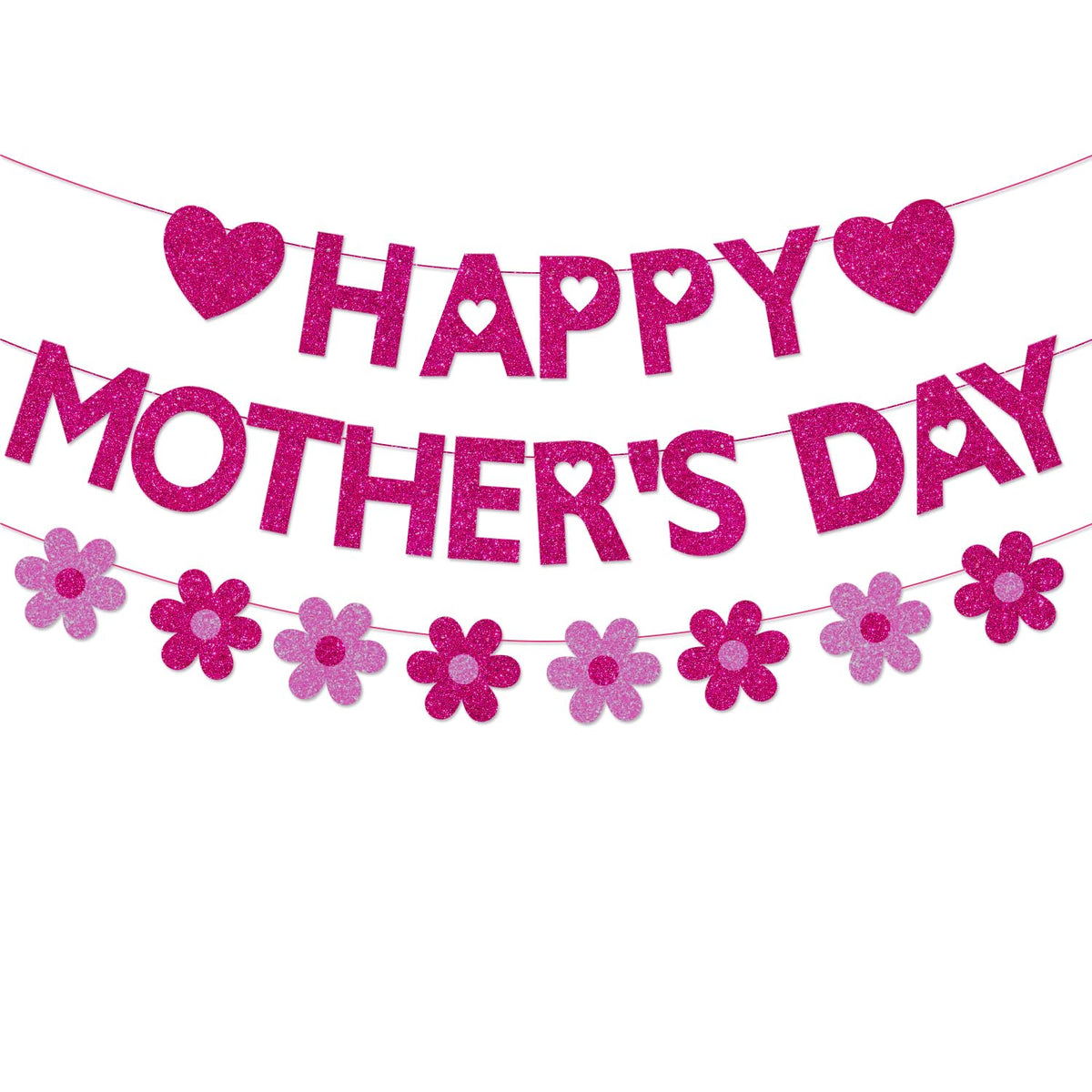 Mother's Day Decorations Banner - Happy Mothers Day Decor Sign with 3D Flower Garland Glitter, Pre-strung Hanging Bunting Banner for Mom Party Supplies, Home Wall Mantle Decor, Best Mom Ever Photo Backdrop, Rose Red