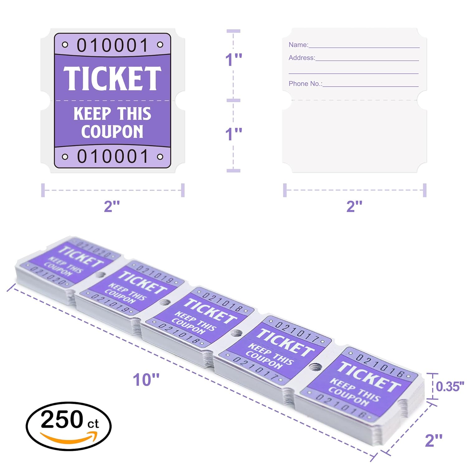 250 Raffle Tickets, 50/50 Raffle Tickets, Double Tickets For Festivals, Carnivals, School Events, Baby Showers, Summer Parties (Purple)