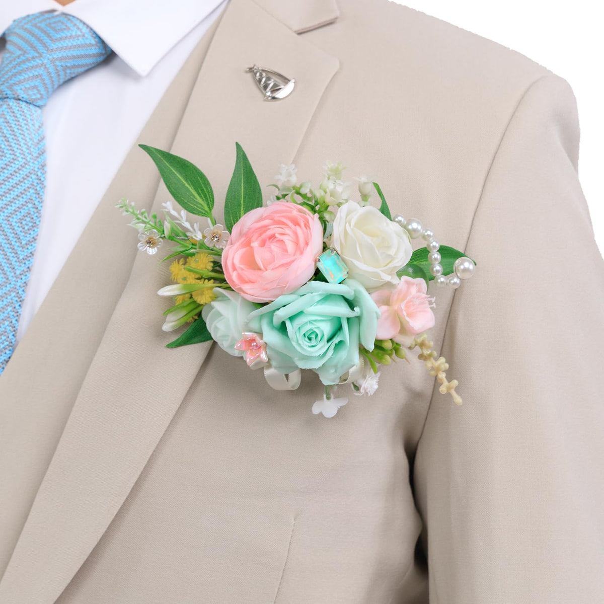 Luxury Groom Boutonniere For Wedding, 1 Pcs Pocket Boutonniere For Men, Artificial Corsage For Wedding, Prom, Homecoming, Anniversary, Graduation, Christmas Dinner (Mintgreen&Pink)