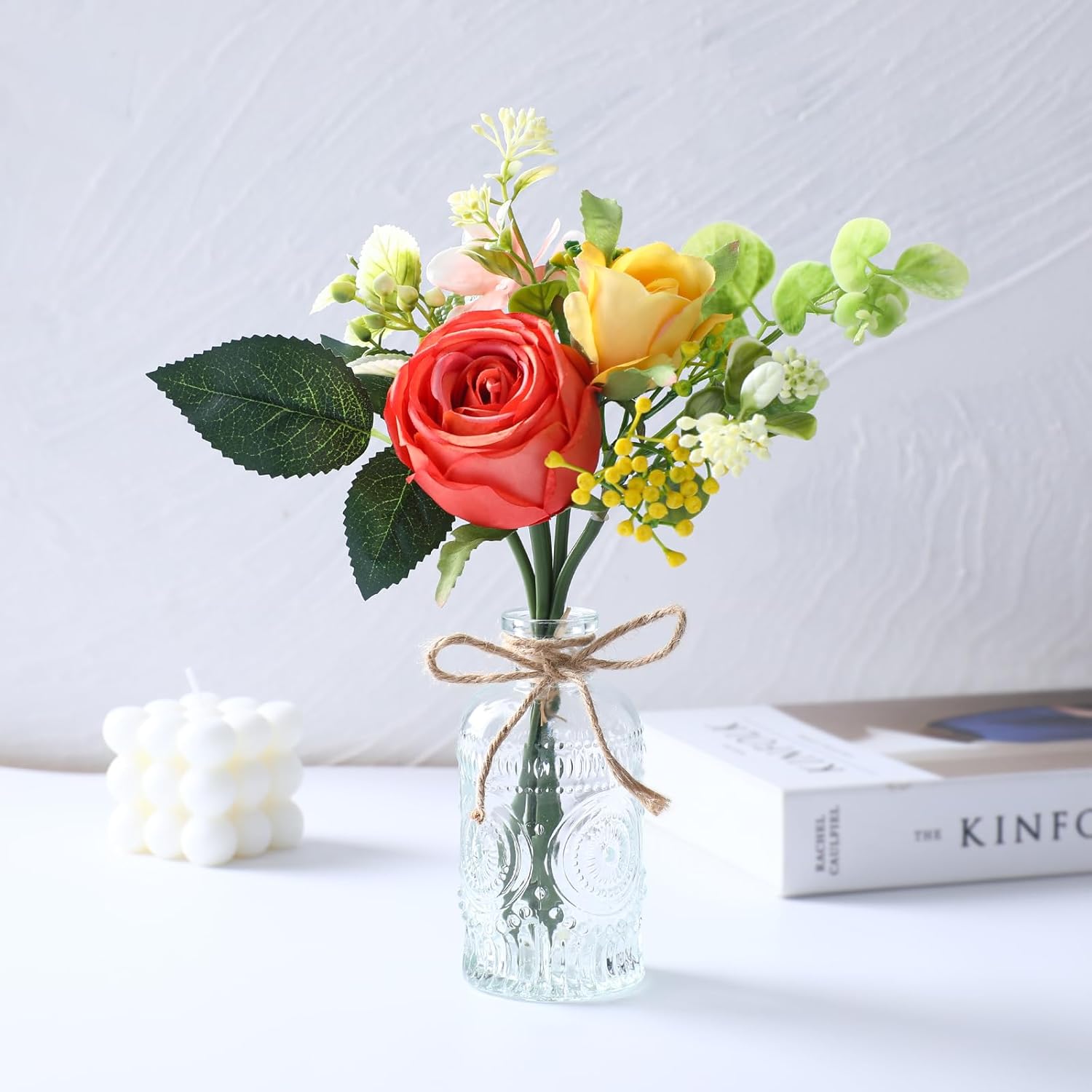 Artificial Flowers With Small Vase - Orange Potted Fall Rose Floral Arrangements Artificial With Small Vase For Home Living Office Wedding Coffee Centerpiece Table