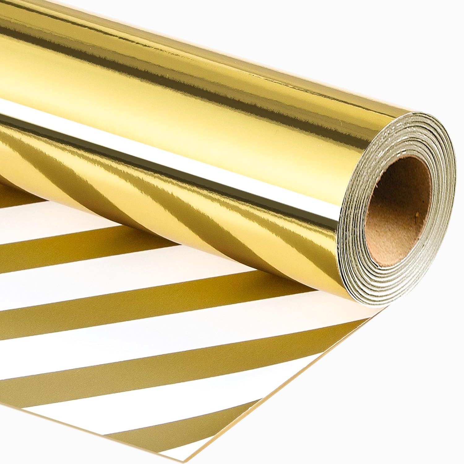 Reversible Gold Wrapping Paper Roll - 17 In X 32.8 Ft(46.5 Sq.Ft.) Metallic Gold And Stripe Design Gift Wrap For Christmas, Wedding, Birthday, Valentines Day, Mothers Day, Baby Shower