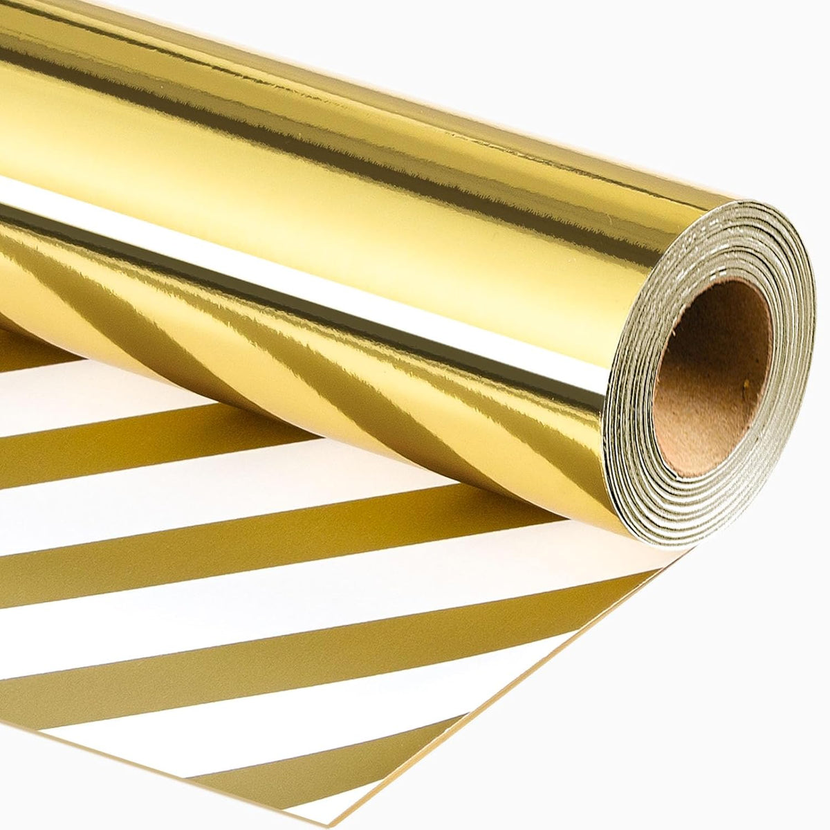 Reversible Gold Wrapping Paper Roll - 17 In X 32.8 Ft(46.5 Sq.Ft.) Metallic Gold And Stripe Design Gift Wrap For Christmas, Wedding, Birthday, Valentines Day, Mothers Day, Baby Shower