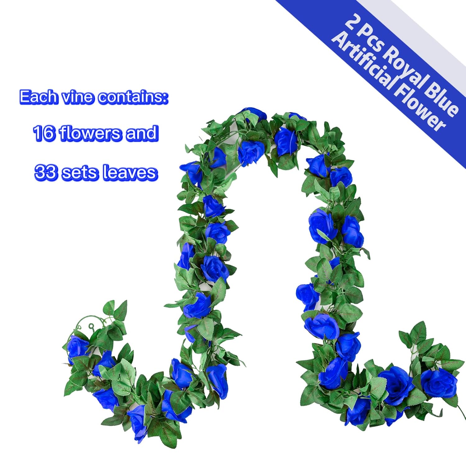 Artificial Flower Garland 2 Pcs 15Ft(7.5Ft*2Pcs) Royal Blue Silk Rose Vine Fake Flower Hanging Ivy Home Hotel Office Wedding Party Garden Craft Art Decor