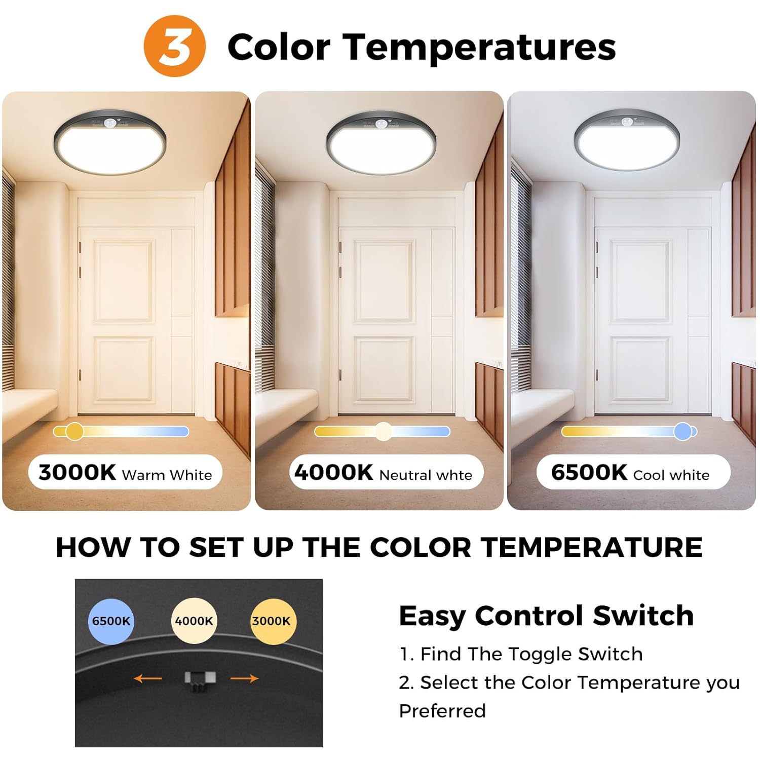 4Pack Motion Sensor Light Indoor Wired, 12 Inch 3000K/4000K/6500K Closet Lights Motion Sensored, 24W 2400Lm Flush Mount Ceiling Light For Hallway Pantry Stairwell Porch, Black