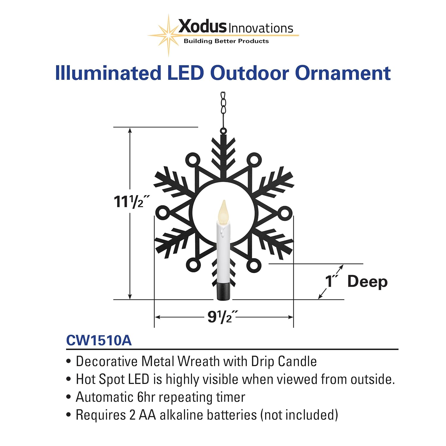 Xodus Innovations CW1510A 4 Battery Powered Metal Snowflake Window Wreaths with Hot Spot Flameless Candle Light and Automatic Timer