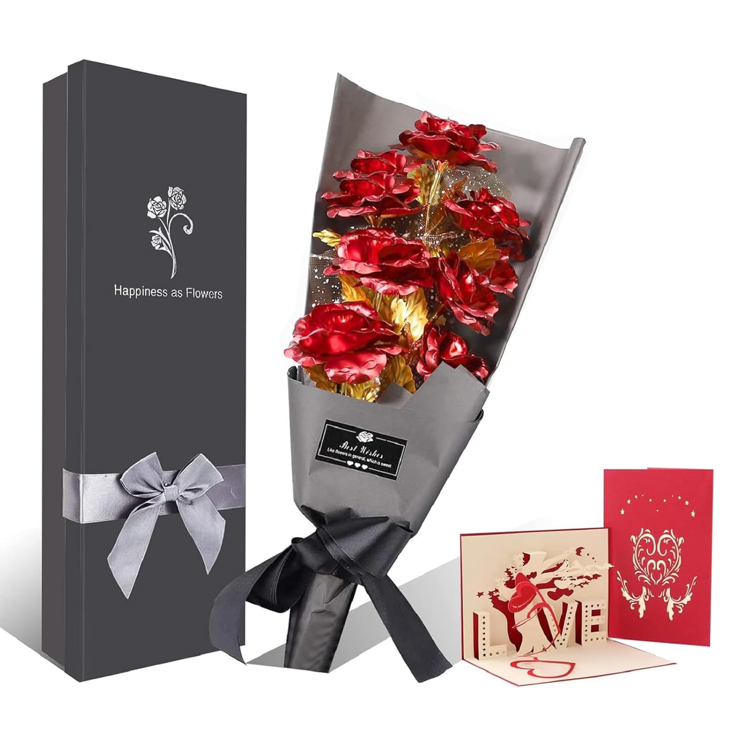 9Pcs Gold Rose Flower Bouquet, Gold Foil Artificial Rose Bouquet With Gift Box, Romantic Present For Her On Valentines Day, Mothers Day, Anniversary, Birthday, Christmas, Decoration