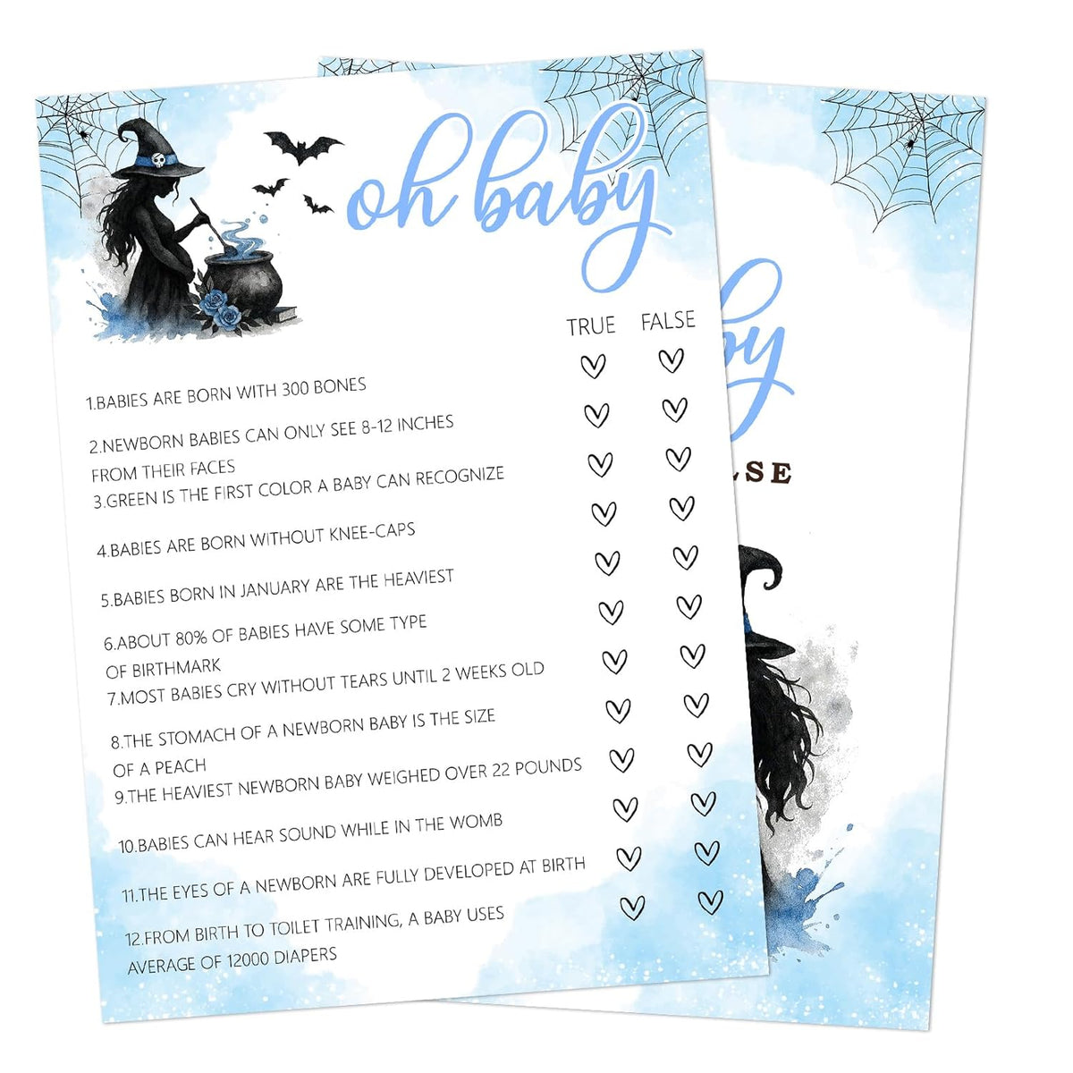 Hilarious Baby Shower Games, 25 Sets Halloween Oh Baby True Or False + Answer Card, Blue Witch Gender Reveal Game Cards For Party Announcement Supplies - B06