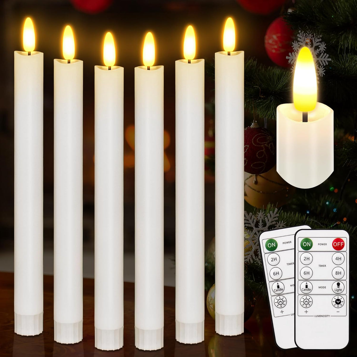 Flameless Taper Candles With Remote, 500H Battery Operated Tapers Candle, Led Flickering Flameless Candlesticks Classic Tall Taper Candles For Christmas Home, Wedding, Party, 9.8 Inches (White)