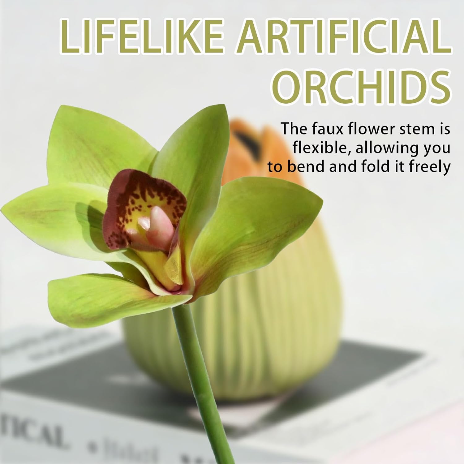 Green Orchid Artificial Flowers With Ceramic Vase, Artificial Phalaenopsis Flowers For Home Décor, Fake Flowers In Vase For Centerpieces, 1 Piece