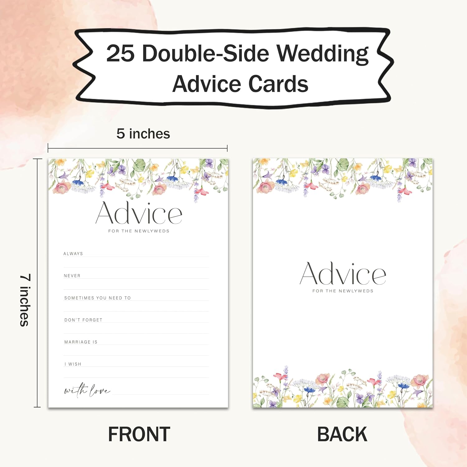 Advice And Wishes For The Mr And Mrs, 25 Wedding Advice Cards For Bride And Groom, Bridal Shower Engagement Party Games, Spring Flower Theme, 5X7 Inches -A01