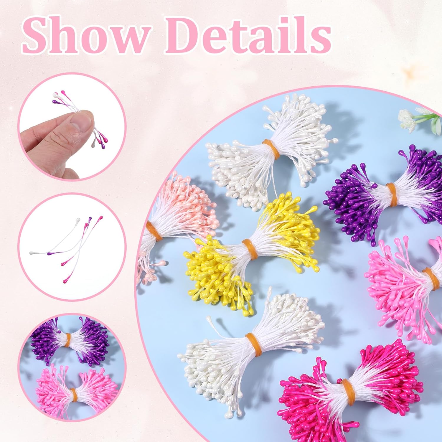 1050 Pcs Mini Flower Stamen, 3Mm Artificial Pearl Floral Pistil, Double Heads Flower Stamen For Card Scrapbook Making Decoratiaon Diy Flowers Craft