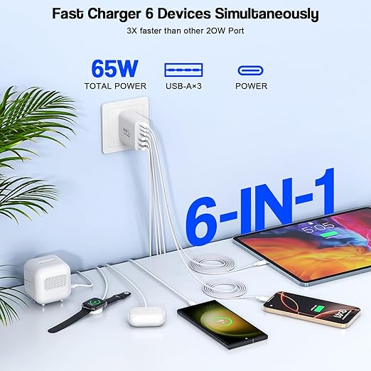 2 Pack 65W USB C Charger Block 6 Port Fast Charging Wall Charger with 6FT USB C Cable for iPhone 17 16 15 iPad