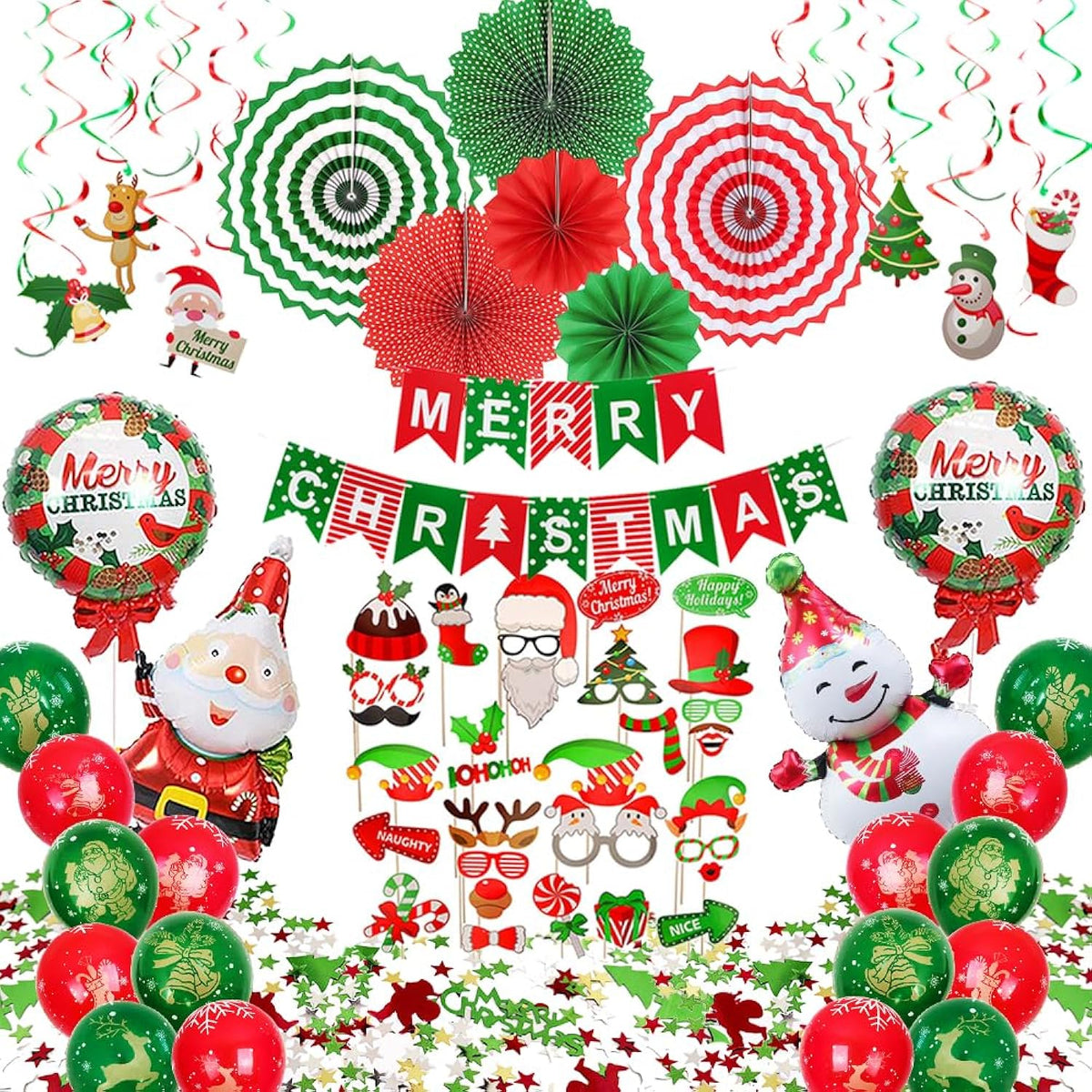 Christmas Party Decorations, Merry Christmas Decorations Supplies Include Banner, Hanging Swirls, Paper Fans, Balloon, Photo Booth Props, Confetti, For Holiday Xmas Indoor Outdoor