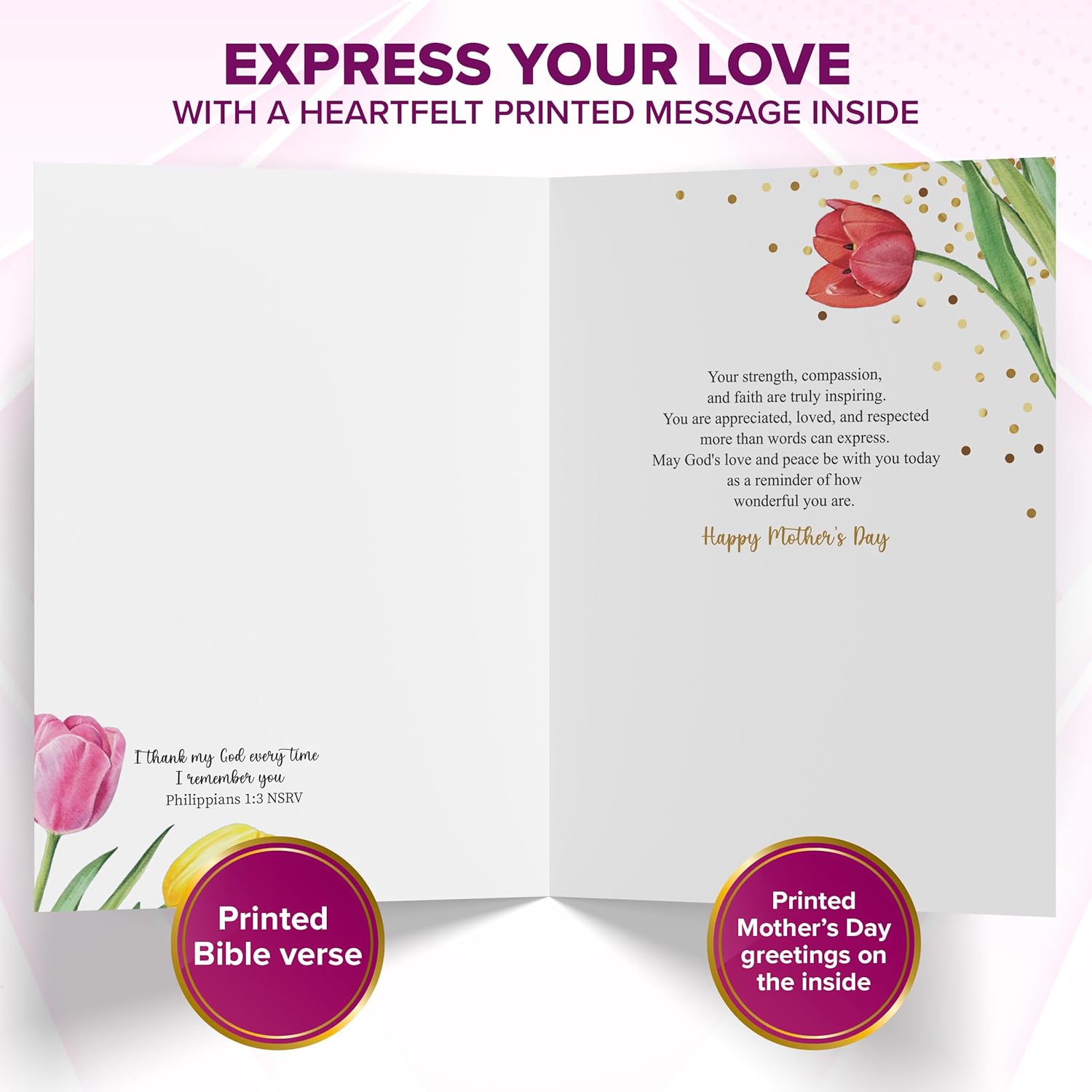 Gold Foiled 5X7In Handmade Individual Happy Mothers Day Card Religious With Tulip Cutout, Ribbon & Die-Cut Heart With Envelope & Stickers For Moms, Grandmas, Printed Message, Gifting