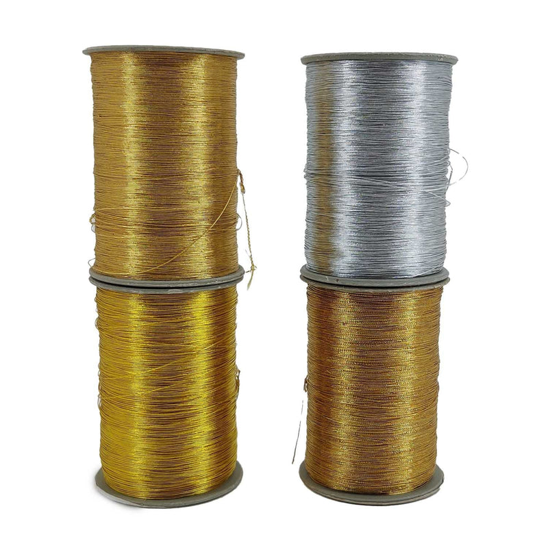 Zari Metallic Threads 0.1 Mm (4 Rolls) Gold, Silver, Light Copper Gold, Dark C