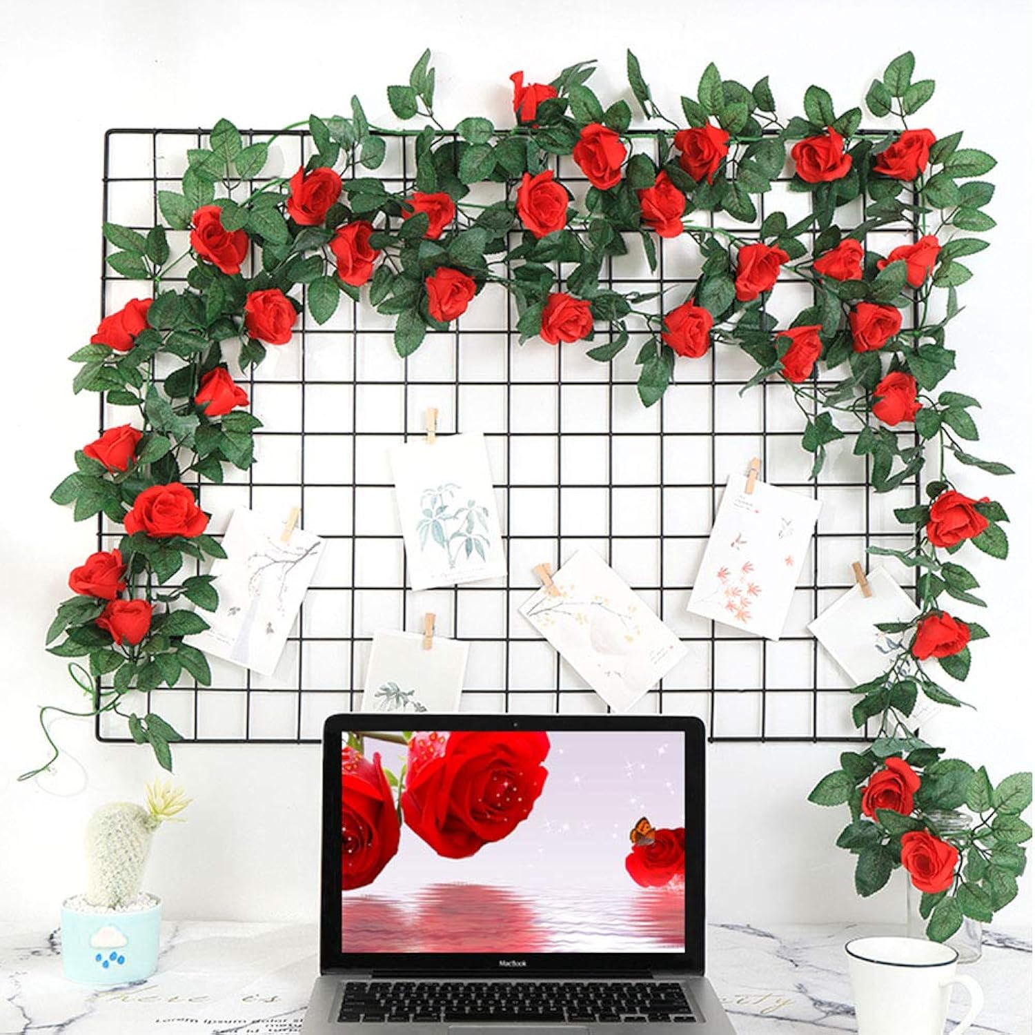 4 Pack Fake Rose Vine Flowers Plants 32.2 Ft Artificial Flower Hanging Rose Ivy Home Hotel Office Wedding Party Garden Craft Art Decor (Red)
