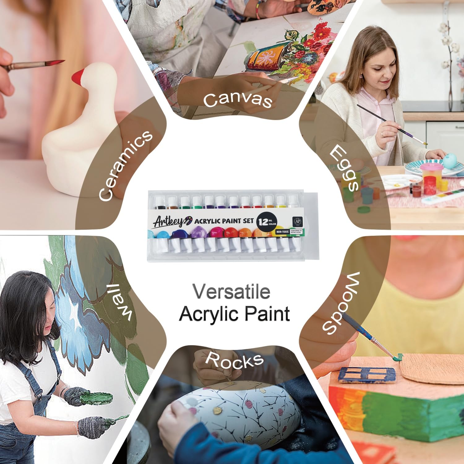 Acrylic Paint Set - 12 Vibrant Colors (12 Ml/0.4 Oz) Tubes, Rich & Professional Grade Pigments, Acrylic Paints For Canvas Wood Rock Clay Fabric Ceramics Art Crafts Painting - Art Supplies