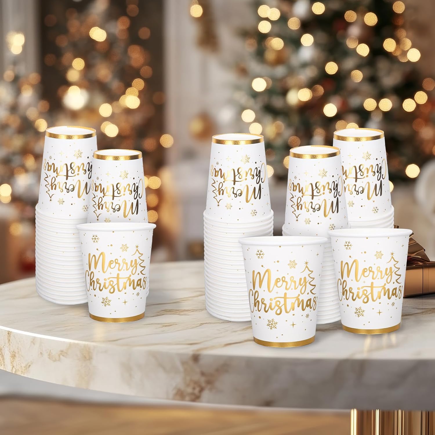 50Pcs Gold Foil Christmas Paper Cups 9 Oz Disposable Coffee Cups Xmas Holiday Party Cups For Hot Cold Beverage Party Supplies