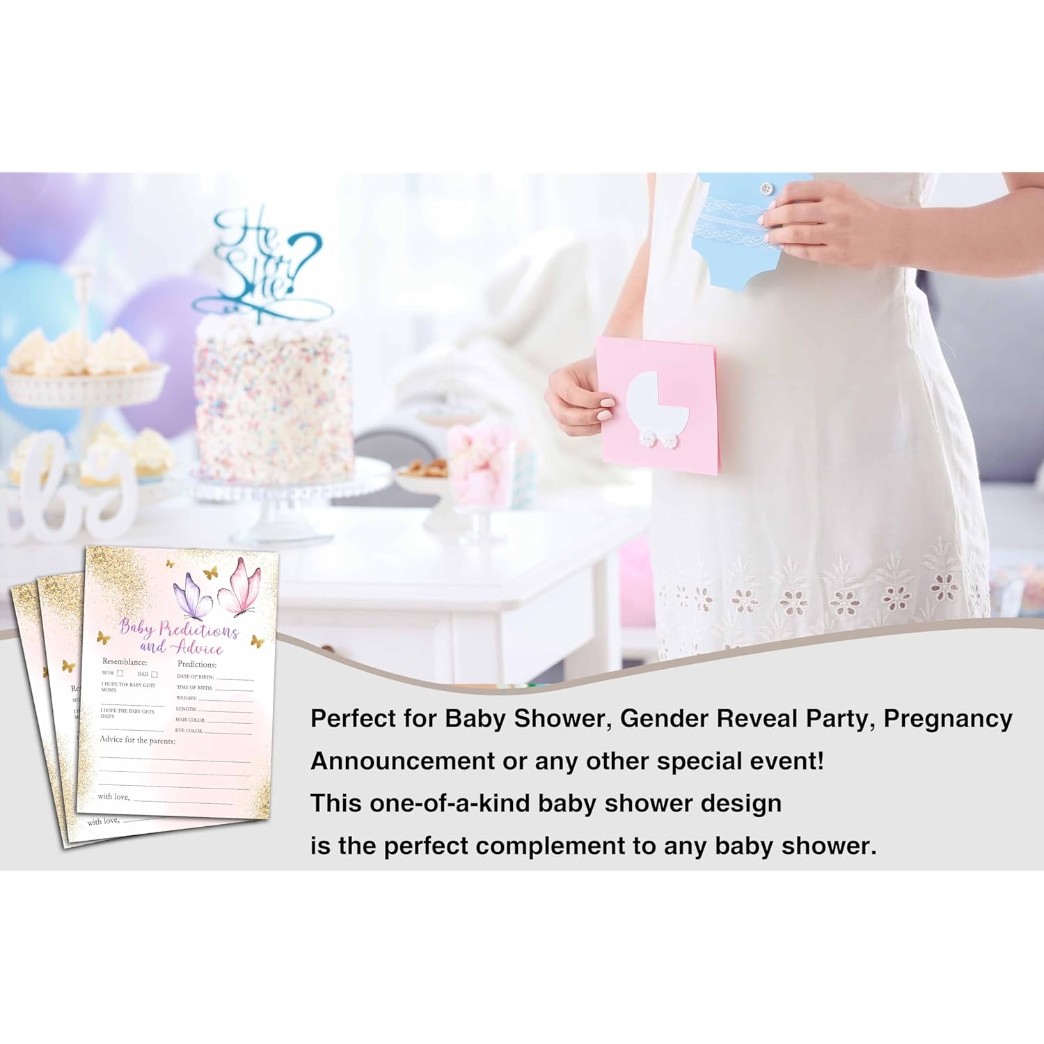 Butterfly Baby Shower Games For Girls, Gold Butterfly Baby Predictions And Advice Cards, Blush Pink Decorations, 5" X 7" Double-Sided Cards (30 Games)