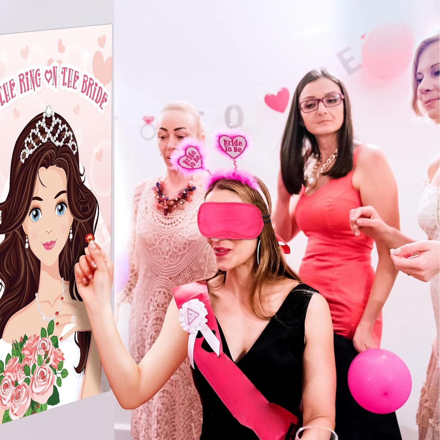 Pin The Ring On The Bride Game - 42 Pcs Rings, Large Bridal Games Poster For Shower, Wedding, Birthday, Carnival Party Supplies
