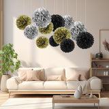 18 Pcs Tissue Paper Pom Poms, Tissue Pom Poms Flowers, Sizes Of 6", 10", 12", 14" Hanging Paper Flower Ball For Wedding, Birthday, Halloween, Christmas, New Years Party Decor (Black Gold Silver)