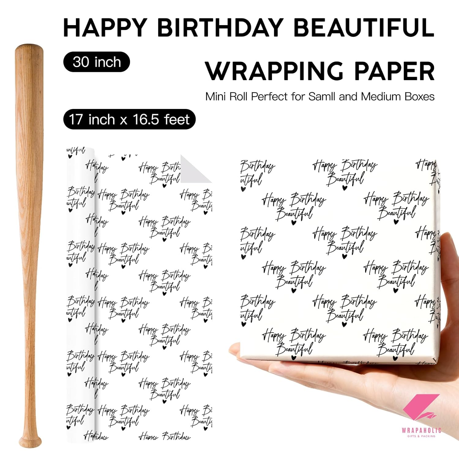 Birthday Wrapping Paper For Women - Mini Roll - 17 Inch X 16.5 Feet - Happy Birthday Beautiful Wrapping Paper For Special Friend, Girlfriend, Wife
