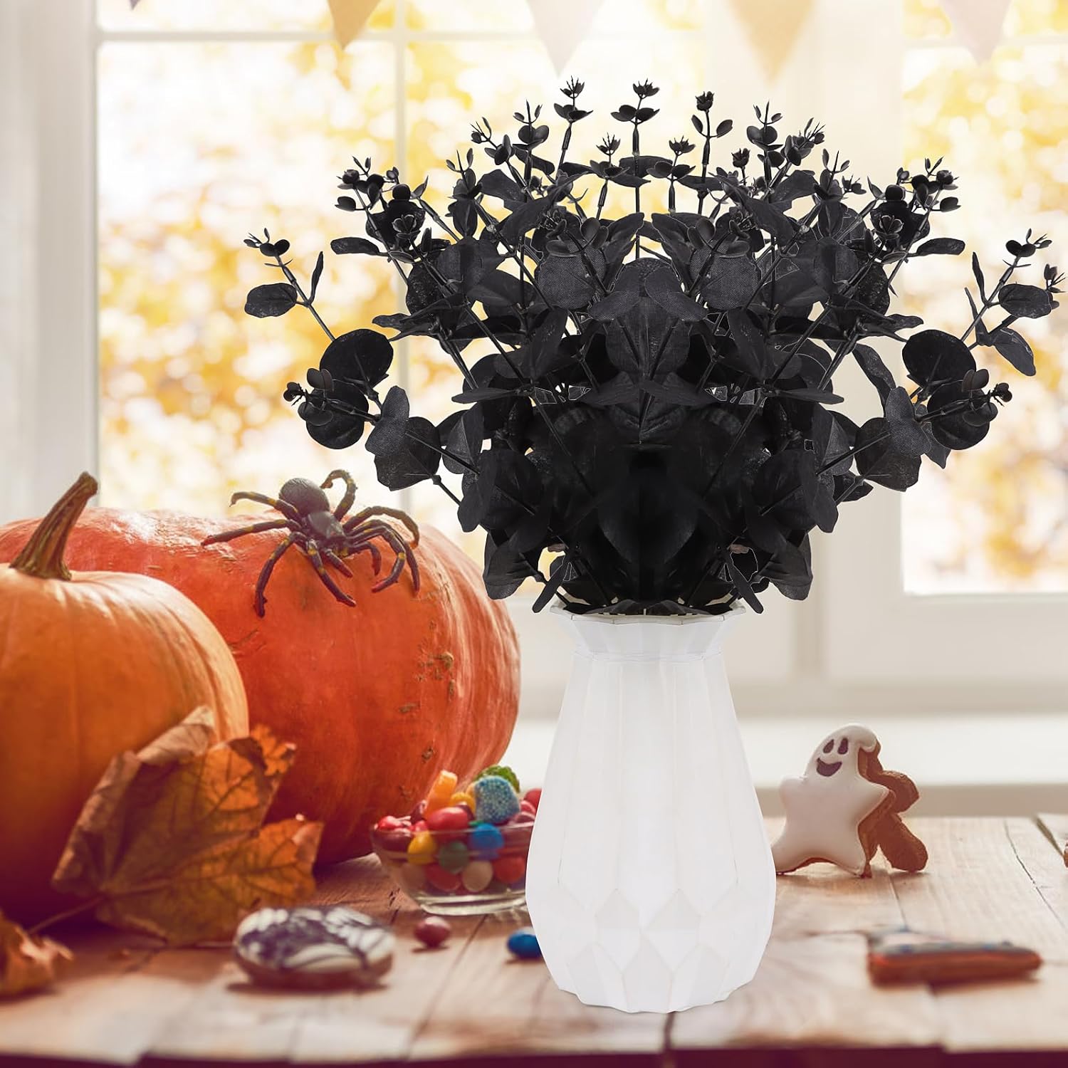 6Pcs Artificial Black Eucalyptus Stems,13.8 Inch Faux Leaves Eucalyptus Bouquet For Halloween Decor Party Home