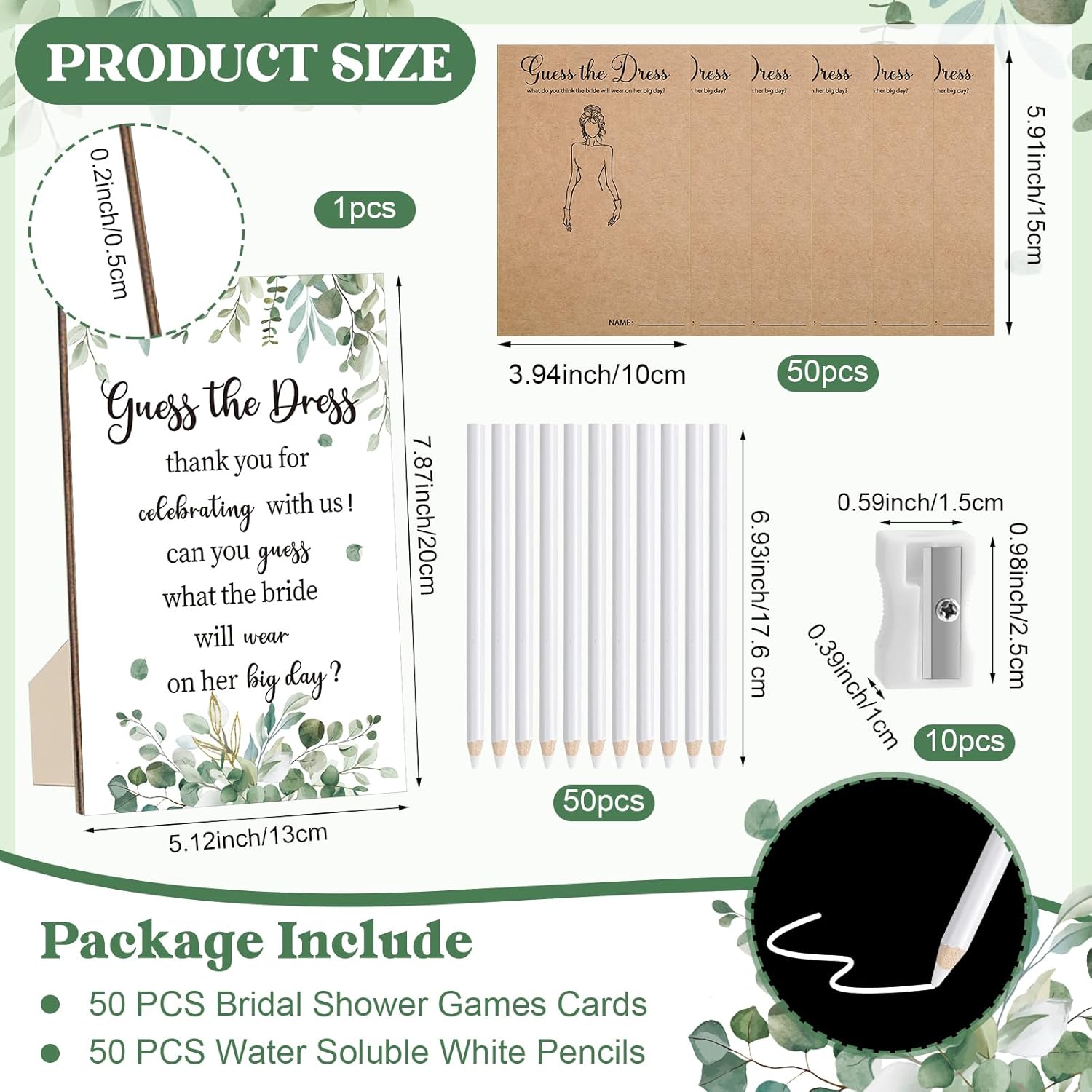 Guess The Dress Bridal Shower Games Include Wooden Table Sign 50 Couple Shower Cards&White Pencils 10 Pencil Sharpeners For Guests Wedding Decorations Bachelorette Engagement Party (Bridal Disc)