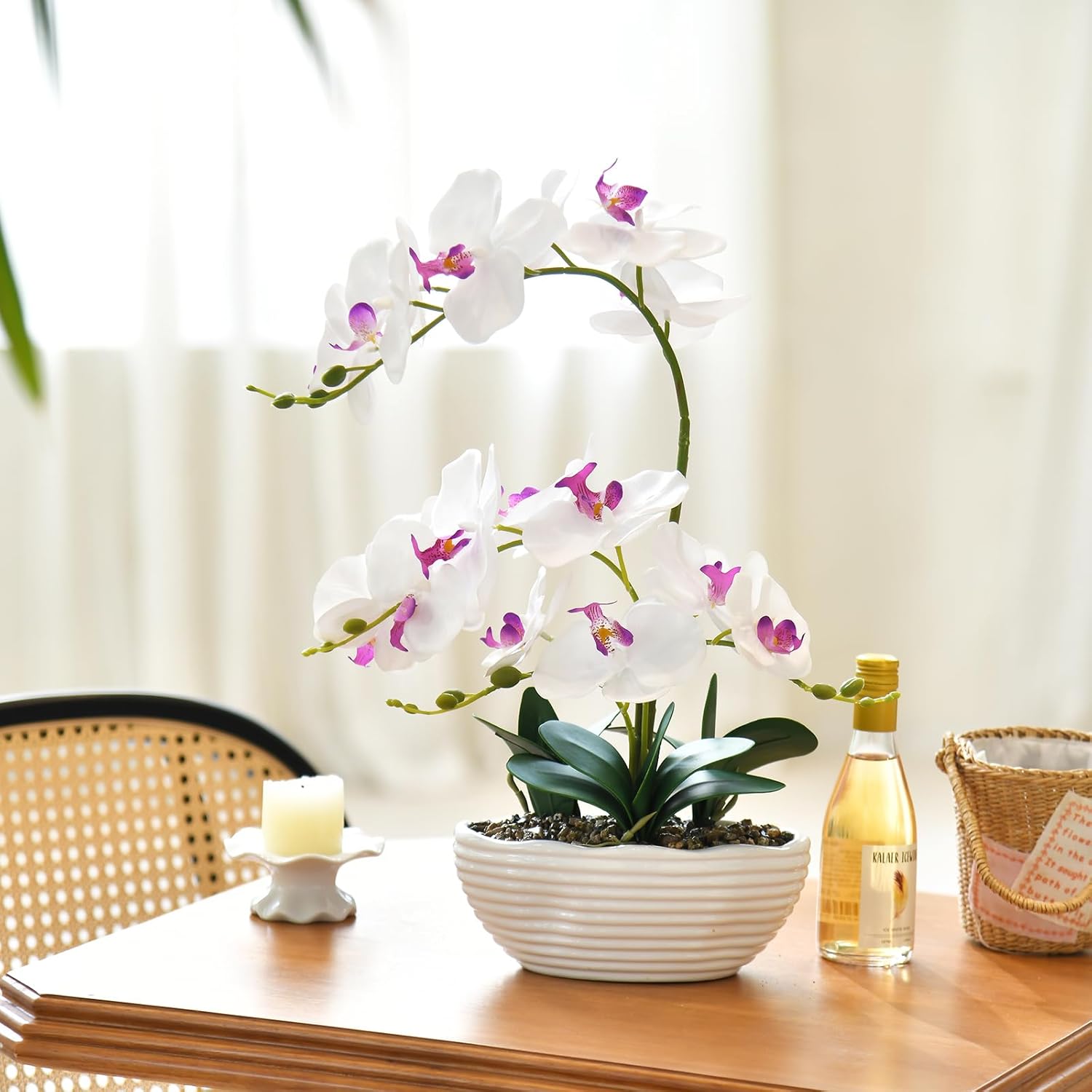 19" H Phalaenopsis Faux Orchid Plant Silk Orchid Centerpiece Artificial Floral Arrangement In Ceramic Pot (White)