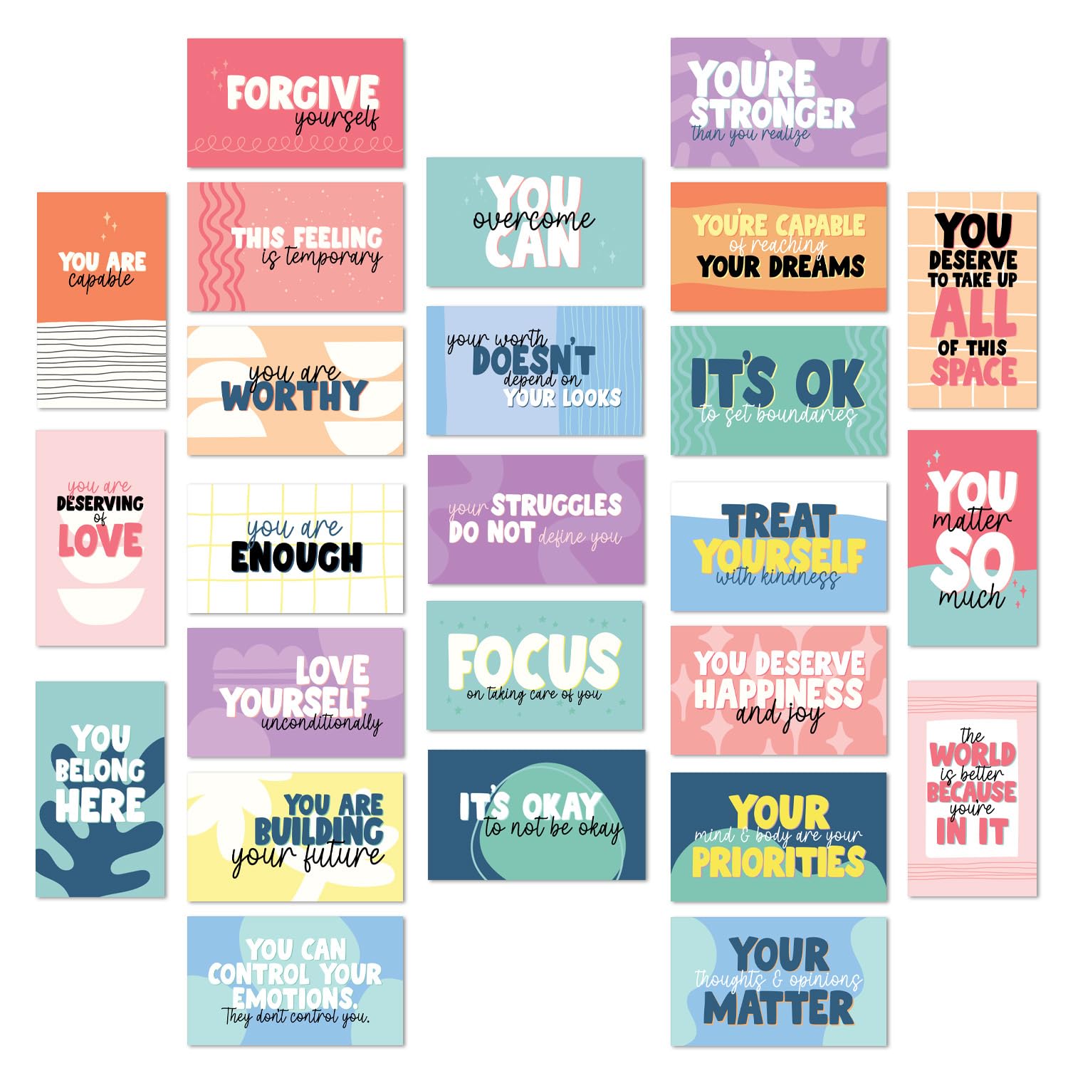 Strong Mental Health Mini Quote Cards / 50 Motivational Kindness Cards / 25 Vibrant Uplifting Designs / 2" X 3.5" Flat Business Card Size/Small Inspirational Daily Quote Cards