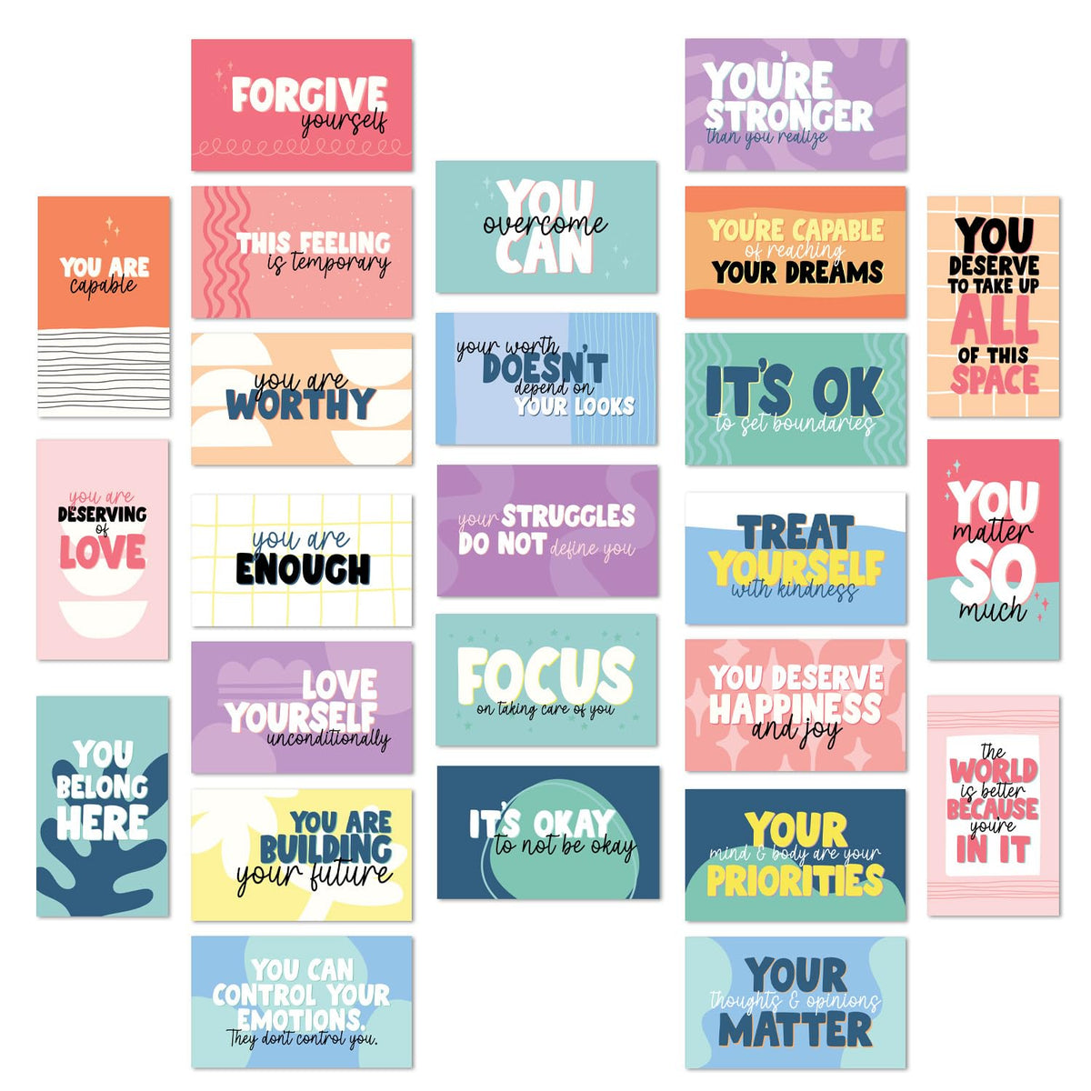 Strong Mental Health Mini Quote Cards / 50 Motivational Kindness Cards / 25 Vibrant Uplifting Designs / 2" X 3.5" Flat Business Card Size/Small Inspirational Daily Quote Cards