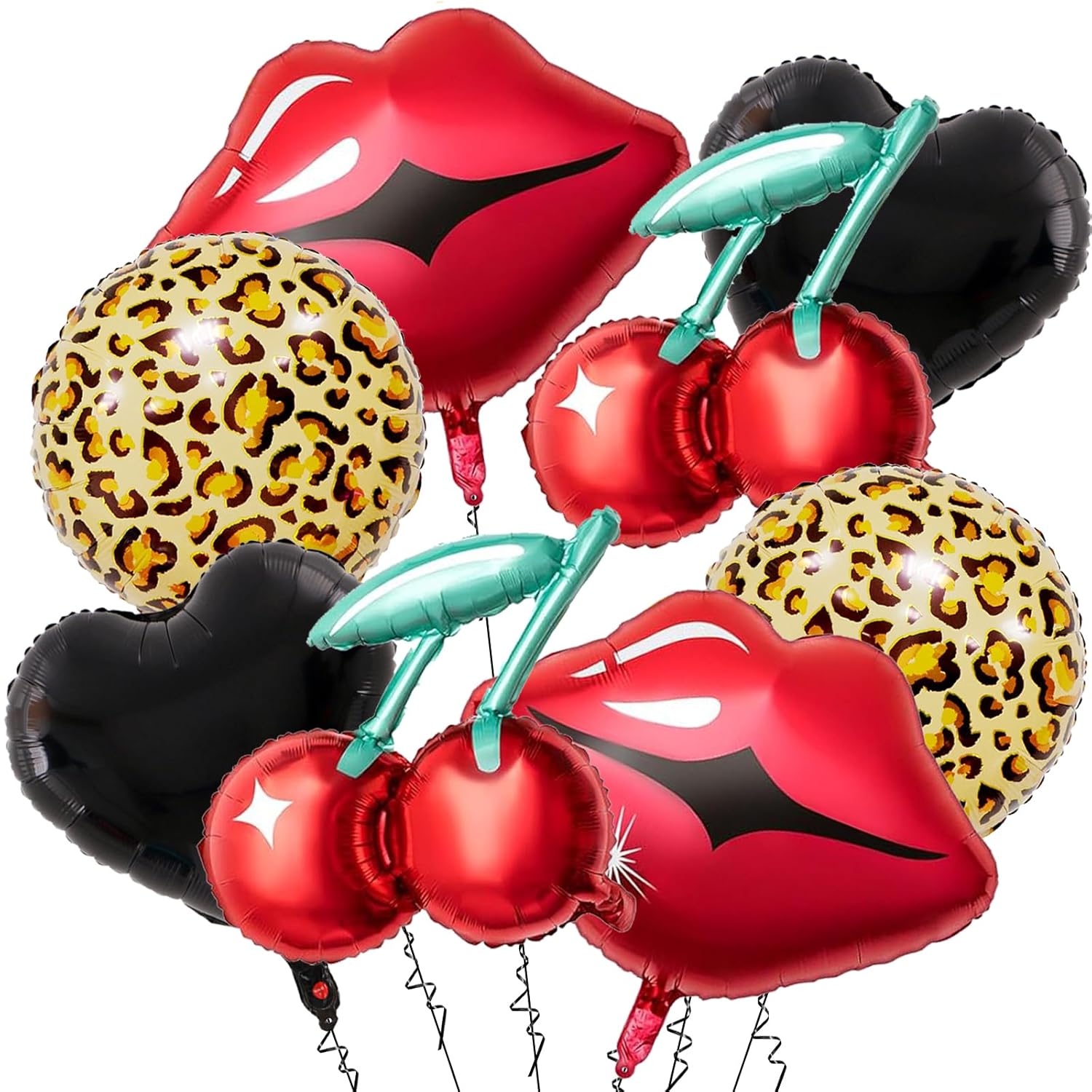 8Pcs Black And Red Balloons - Red Lip Balloons Cherry Balloons Cheetah Print Pattern Balloon And Black Heart Balloon For Women Birthday Party - Kiss The Miss Goodbye - Valentines Day Decorations