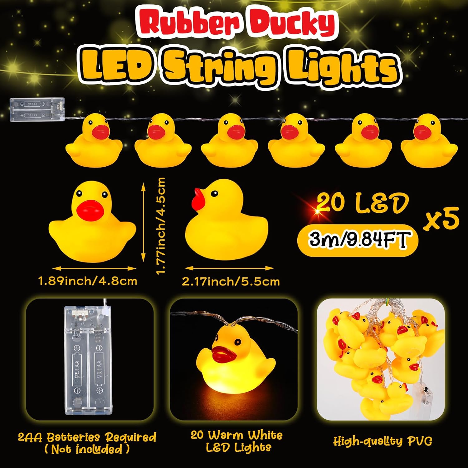 60/100 Led Rubber Duck String Lights For Christmas Tree Duck Battery Operated String Lights Decorative For Xmas Holiday