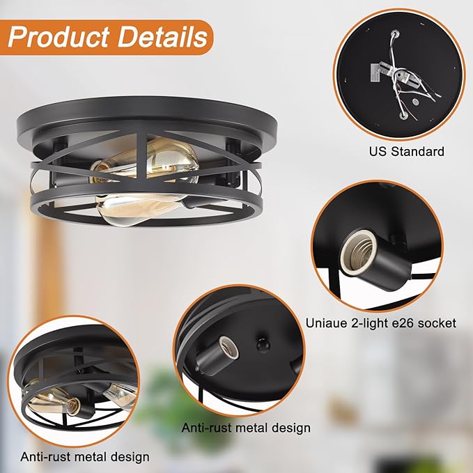 Black Flush Mount Ceiling Light Industrial Metal Cage Farmhouse Fixture