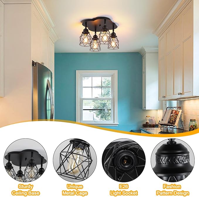 4 Light Adjustable Semi Flush Mount Ceiling Light Black Farmhouse Kitchen Fixture