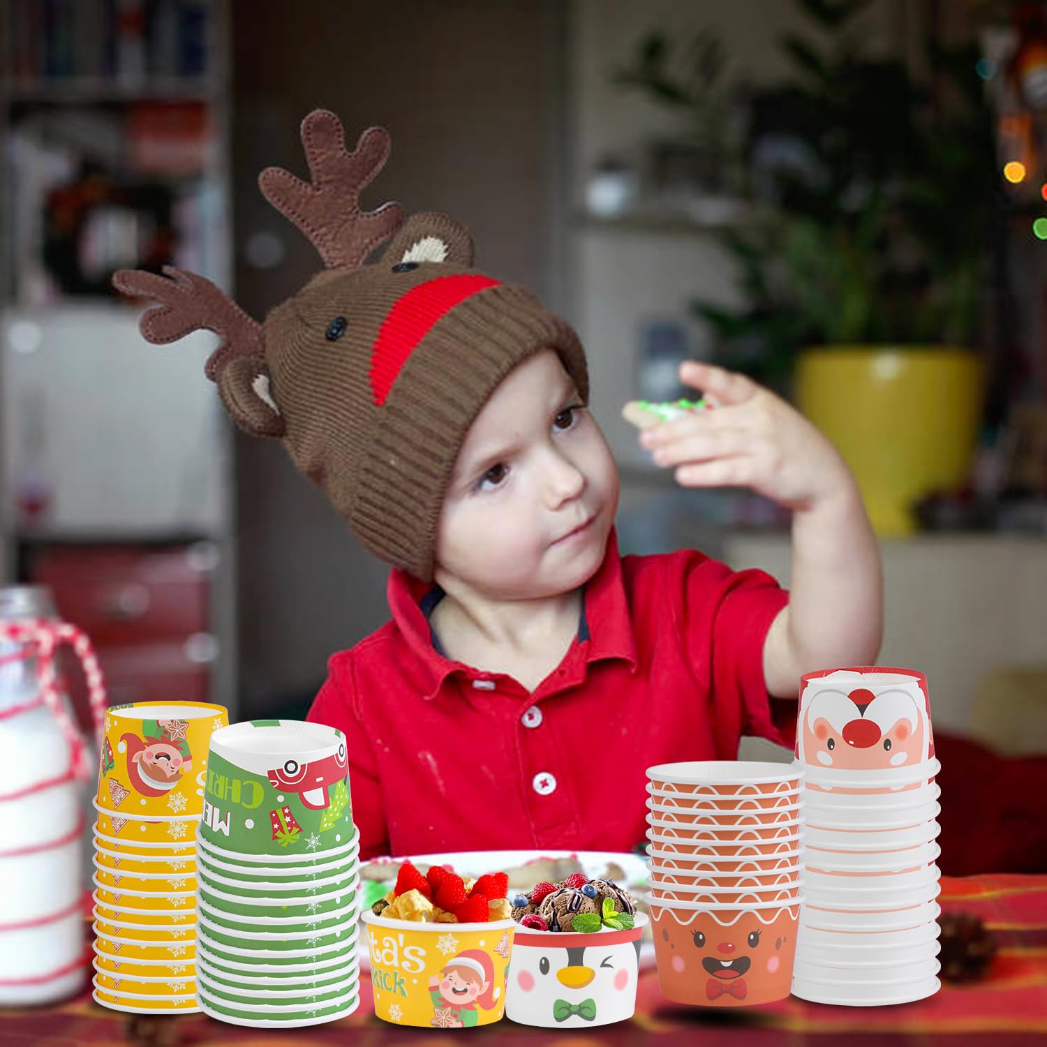 Christmas Treat Snack Cups, 60Pcs Xmas Disposable Ice Cream Paper Cups Merry Christmas Sonwman Santa Elk Bowls Snack Cups For Christmas Party Supplies Decorations(3 Oz)